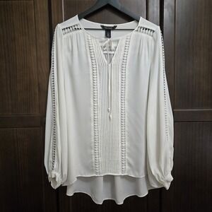 White House Black Market Womens 8 Long Sleeve Tunic Crochet‎ Pleated Tie Peasant